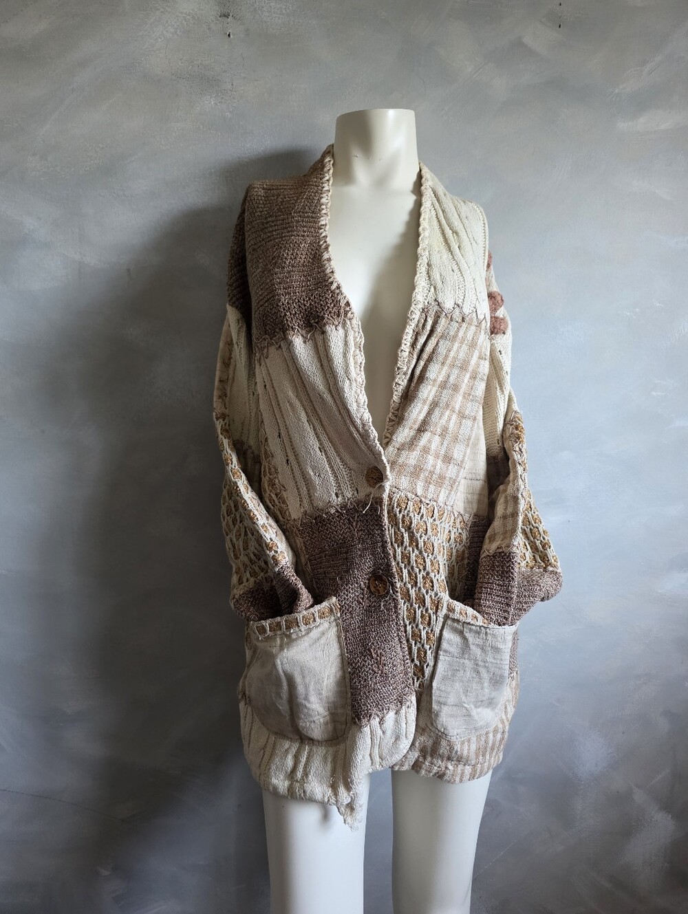 Sandy Starkman Neutral Toned Patchwork Cardigan Silk Cotton XL Vtg
